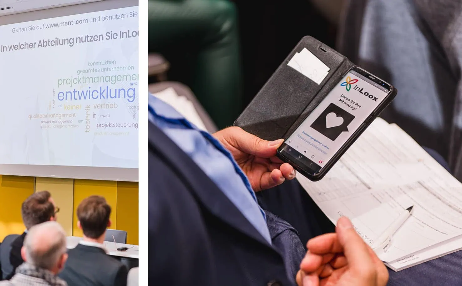 Das Bild zeigt einen engagierten Teilnehmer einer InLoox-Präsentation, während er auf seinem Smartphone die Ergebnisse der Umfrage verfolgt. Professionelle Businessfotos von Mica Zeitz fangen die Atmosphäre dieser Veranstaltung in Ingolstadt und Pfaffenhofen eindrucksvoll ein.