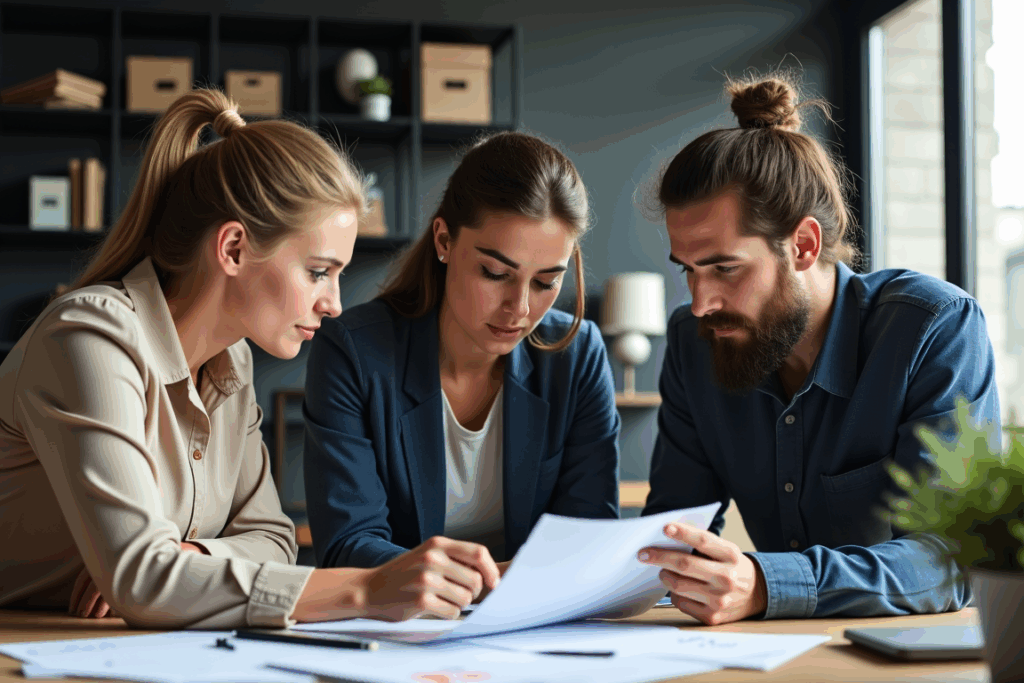 Das Bild von Mica Zeitz zeigt eine professionelle Geschäftssituation, in der drei Personen gemeinsam an einem Projekt arbeiten, ideal für Businessfotografie. Diese Aufnahme betont Teamarbeit und Produktivität und nutzt moderne Ästhetik, die durch KI-Bildgenerierung unterstützt wird.