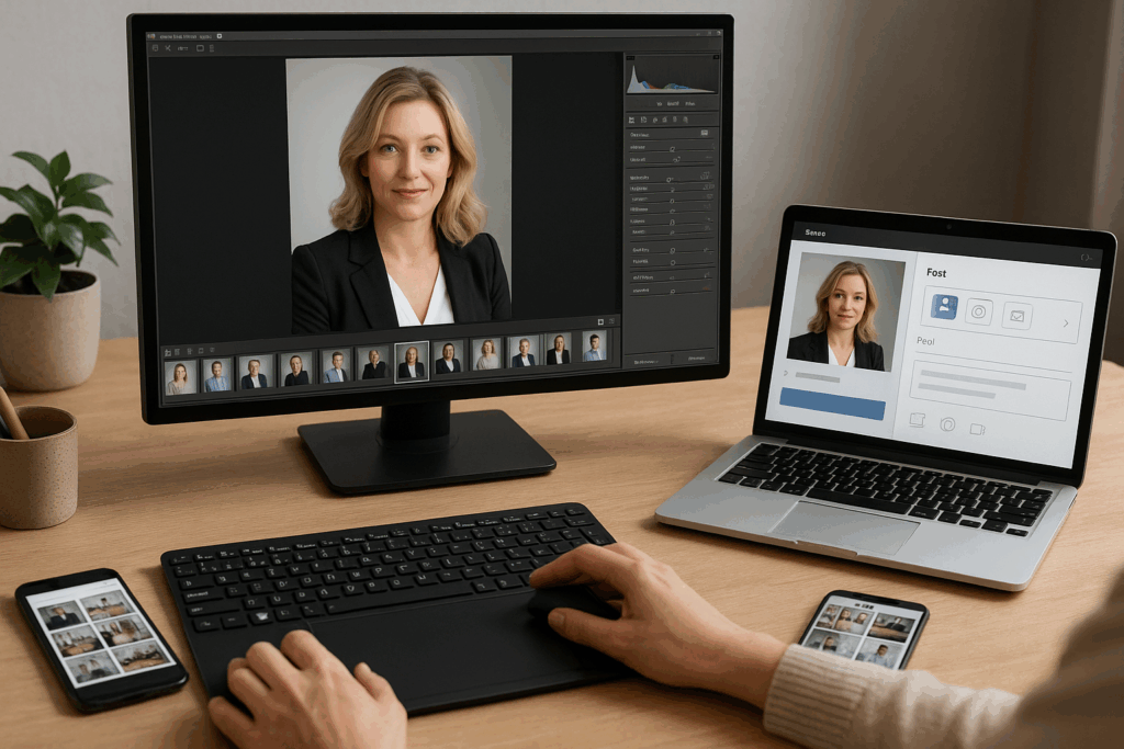 Das Bild zeigt die professionelle Bildbearbeitung von Portraits, die von der Fotografin Mica Zeitz erstellt wurden. Mit Fokus auf optionale Leistungen wie Retusche und Aufbereitung für Social Media wird der kreative Prozess zur Optimierung von Profilbildern verdeutlicht.